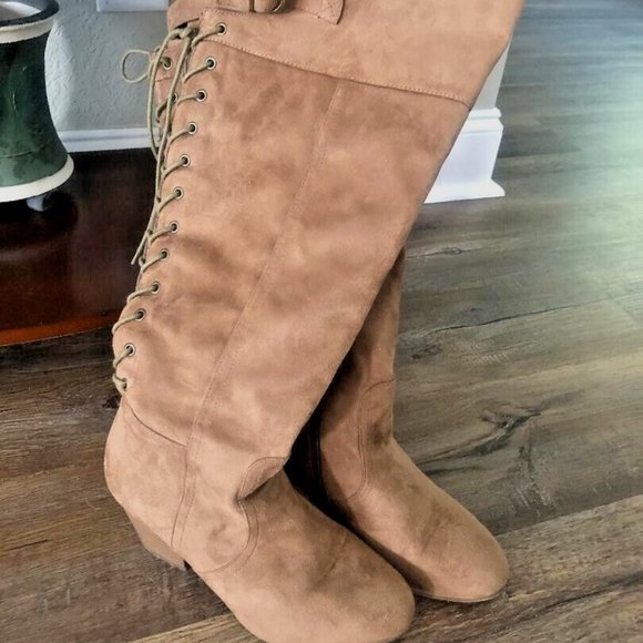 Shoes - Womens Size 9 Wide Over the Knee Foldable Cuff Tan Rust Lace Up Faux Suede Boots